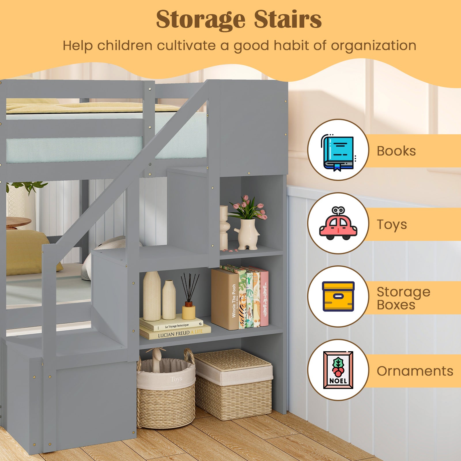 Twin Over Twin Low Bunk Bed With Storage Stairs, Solid Wood Frame, Gray Bunk Bed Frame at Gallery Canada