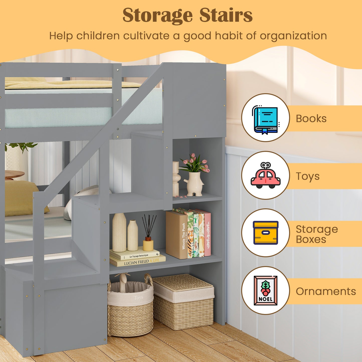 Twin Over Twin Low Bunk Bed With Storage Stairs, Solid Wood Frame, Gray Bunk Bed Frame at Gallery Canada
