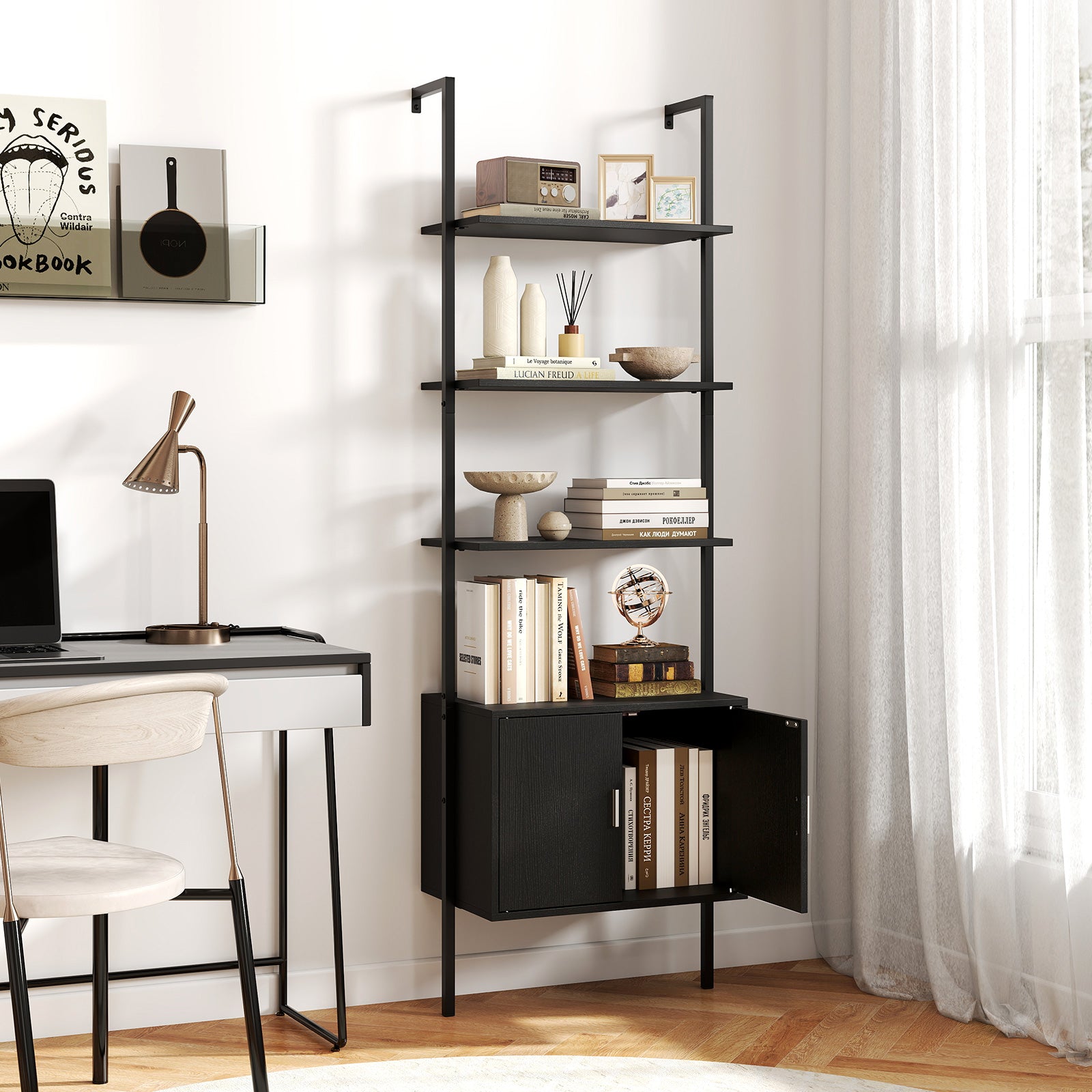 72.5 Inch Tall Bookshelf With Cabinet, Metal Frame, Black Bookcases at Gallery Canada