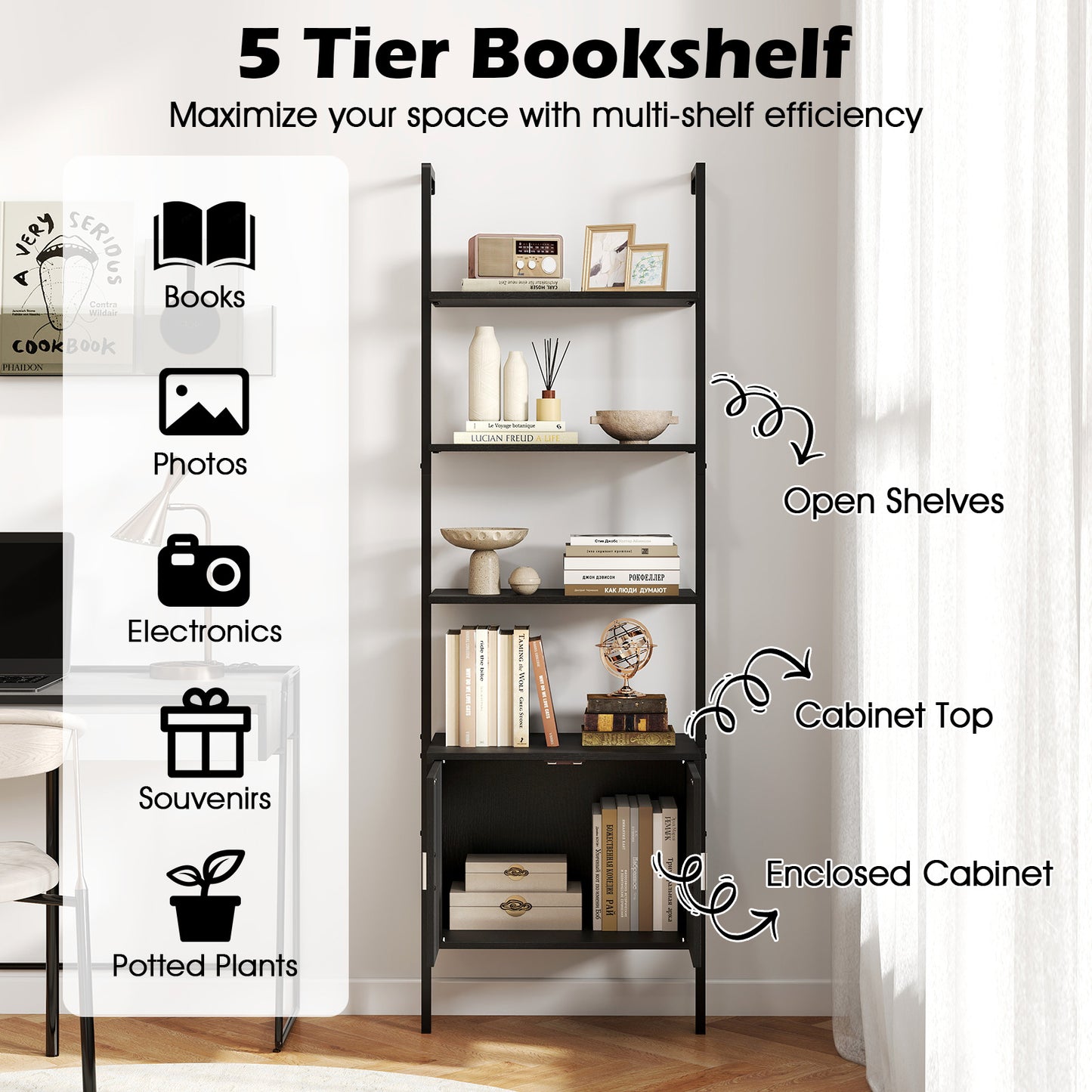 72.5 Inch Tall Bookshelf With Cabinet, Metal Frame, Black Bookcases at Gallery Canada