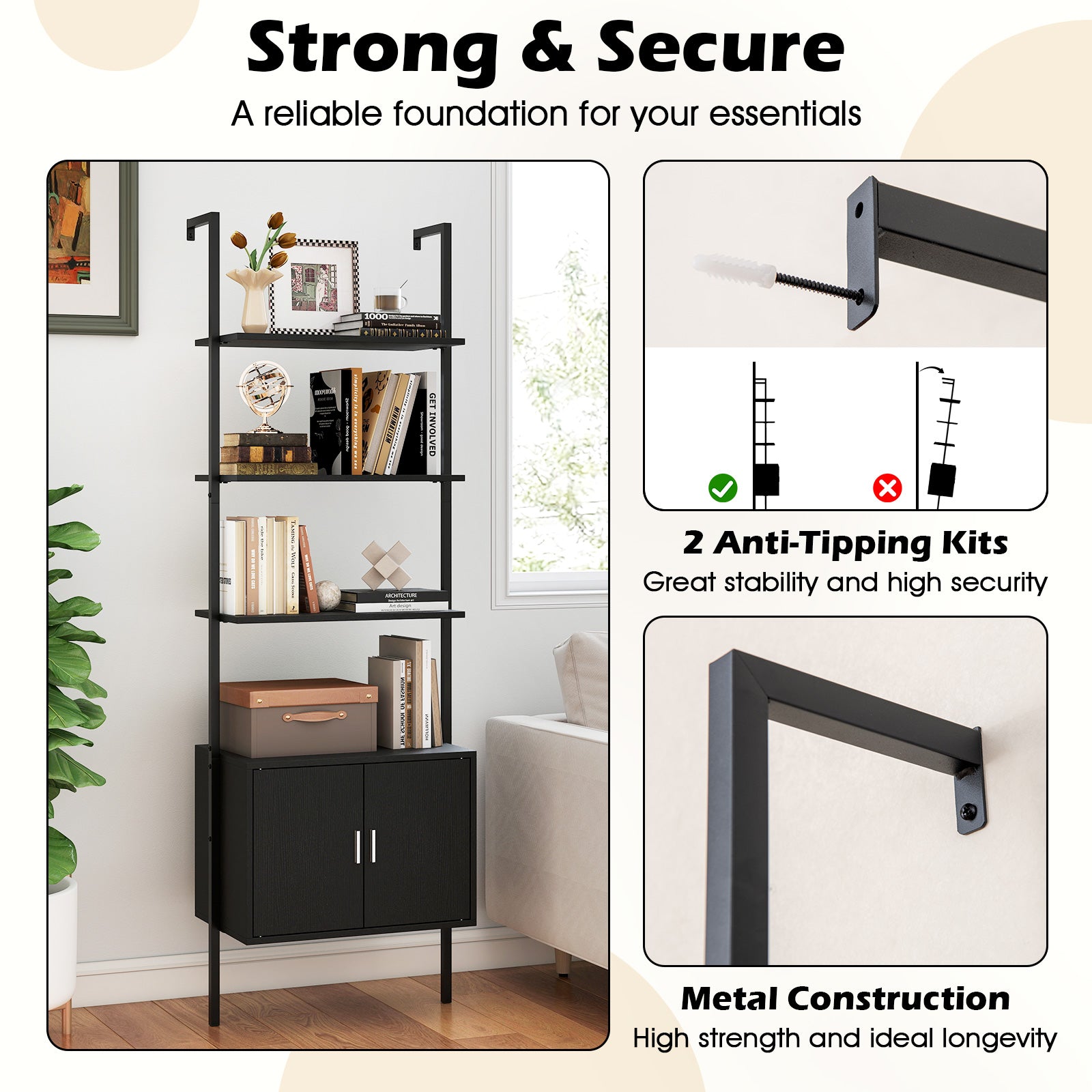 72.5 Inch Tall Bookshelf With Cabinet, Metal Frame, Black Bookcases at Gallery Canada