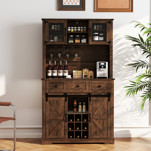 72 Inch Coffee Bar Cabinet, With Drawers And Sliding Barn Doors, Brown