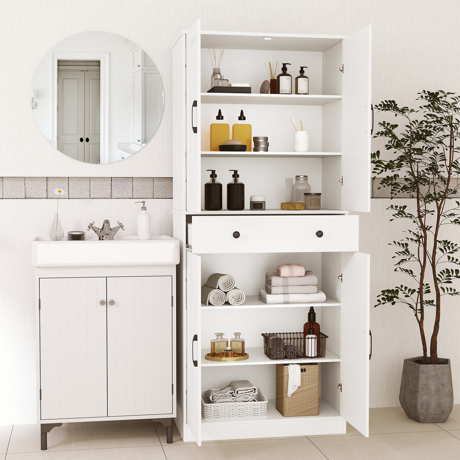 72 Inch Modern Farmhouse Cupboard Cabinet, 4 Barn Doors, White Clothing & Closet Storage at Gallery Canada
