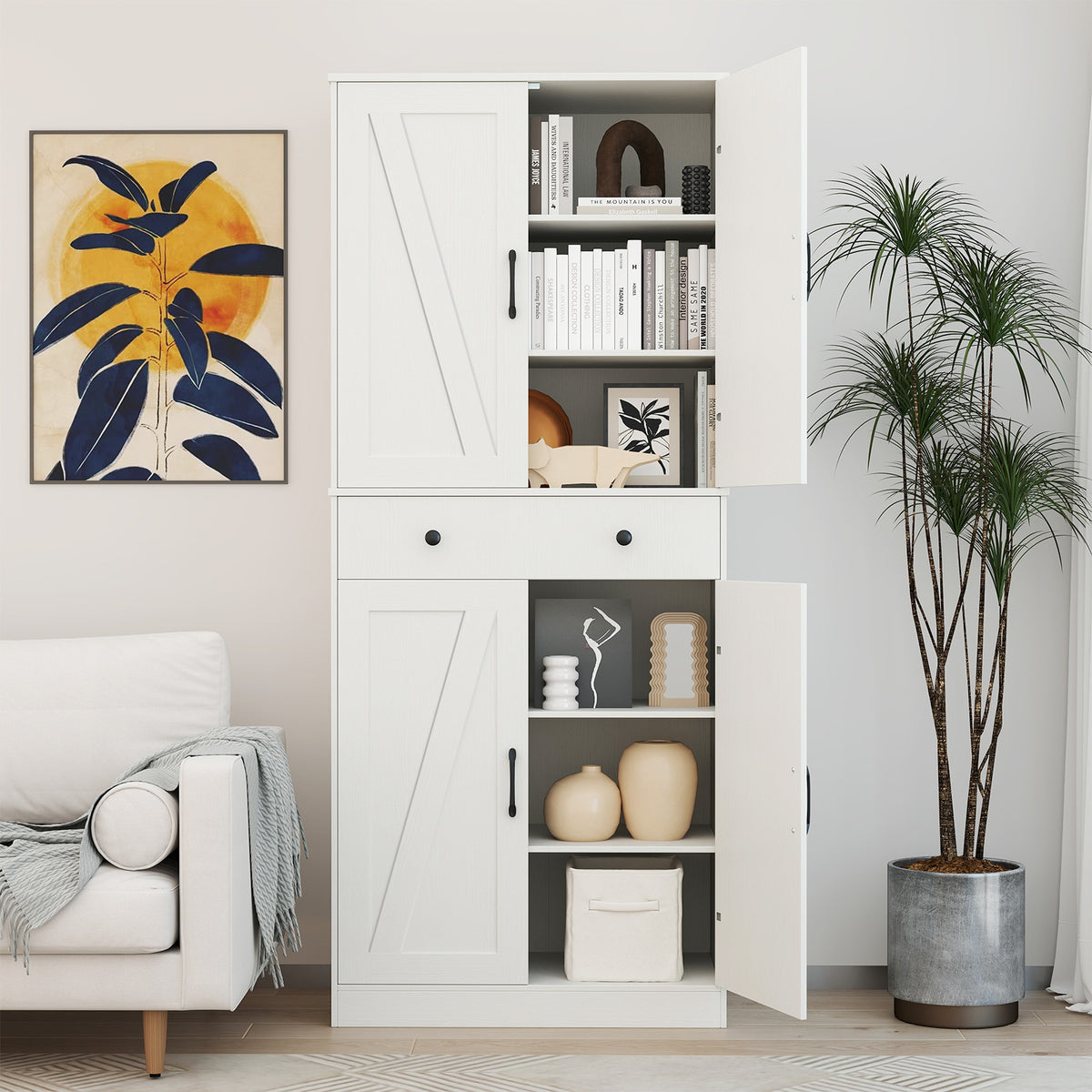 72 Inch Modern Farmhouse Cupboard Cabinet, 4 Barn Doors, White Clothing & Closet Storage at Gallery Canada