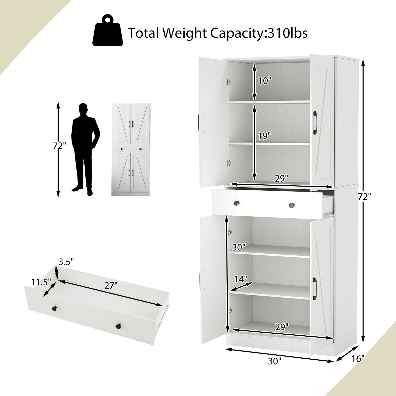 72 Inch Modern Farmhouse Cupboard Cabinet, 4 Barn Doors, White Clothing & Closet Storage at Gallery Canada