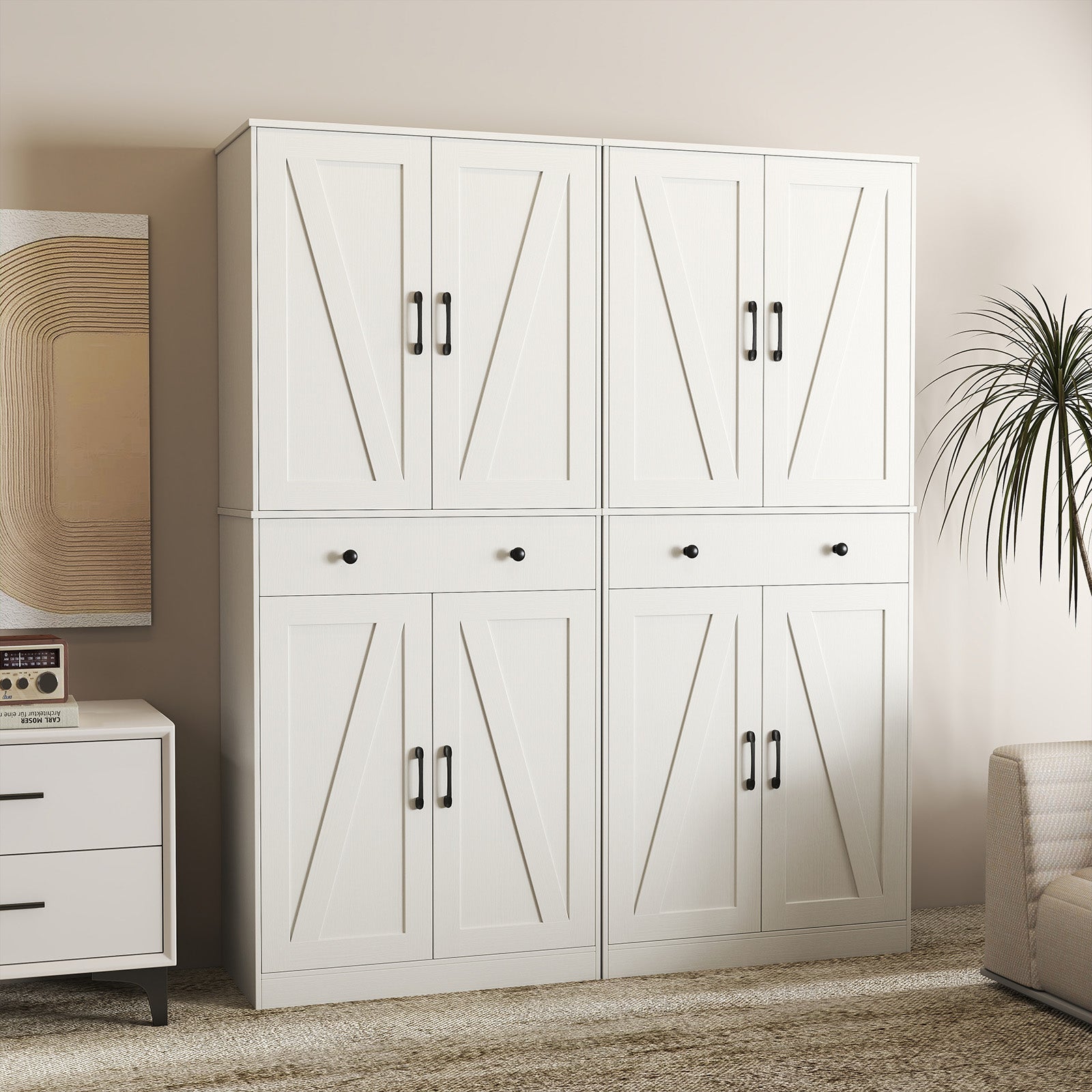 72 Inch Modern Farmhouse Cupboard Cabinet, 4 Barn Doors, White Clothing & Closet Storage at Gallery Canada