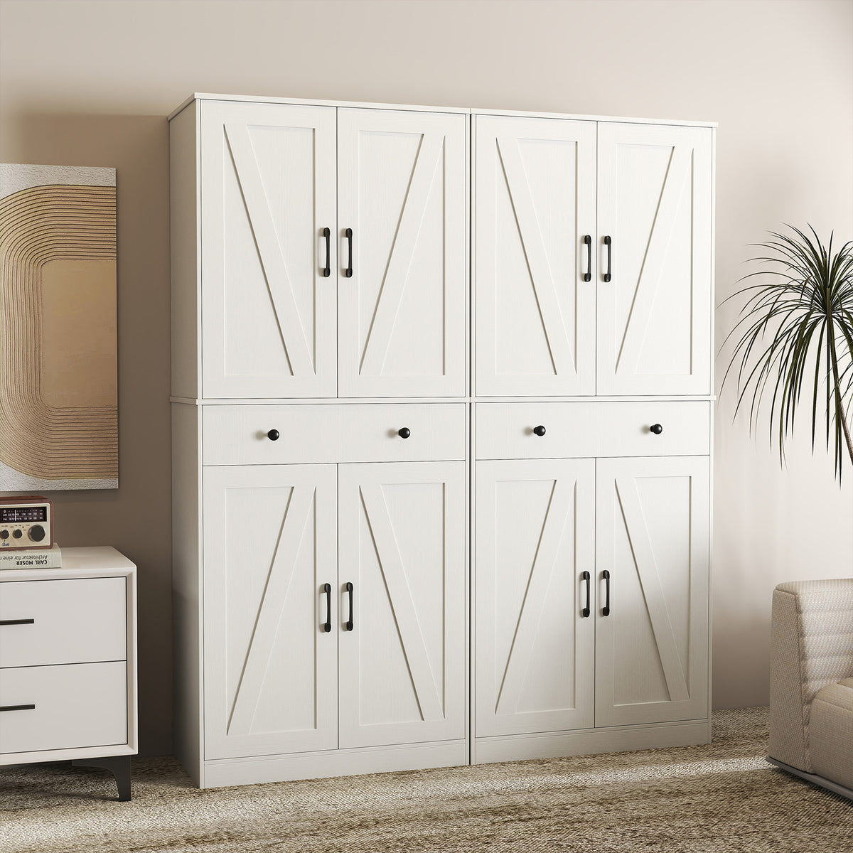 72 Inch Modern Farmhouse Cupboard Cabinet, 4 Barn Doors, White Clothing & Closet Storage at Gallery Canada
