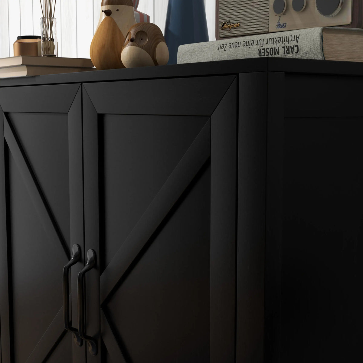 Sideboard Buffet, Kitchen Cabinet with Barn Door, Adjustable Shelves, Black Oak, Black Bar Cabinets at Gallery Canada