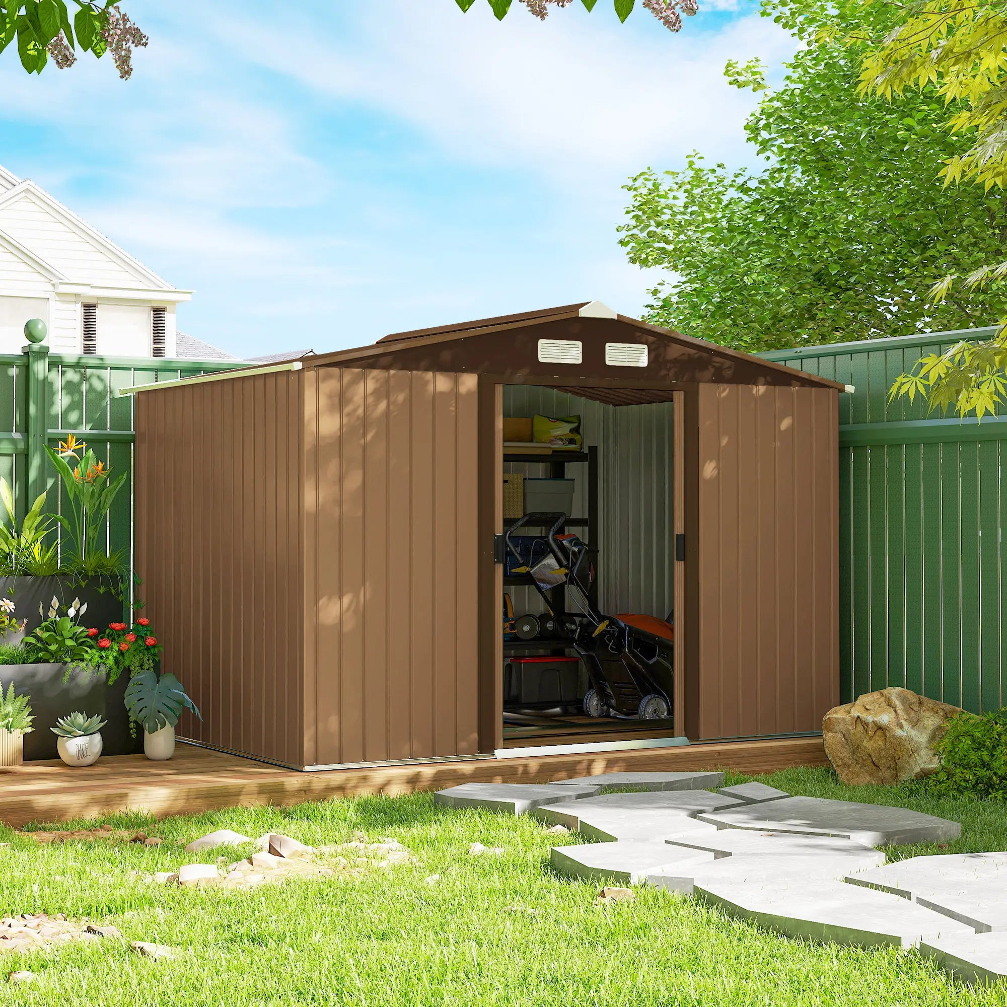 9.1'x6.4'x6.3' Garden Storage Shed, Metal Tool House, Double Doors, Dark Grey Yellow Sheds at Gallery Canada