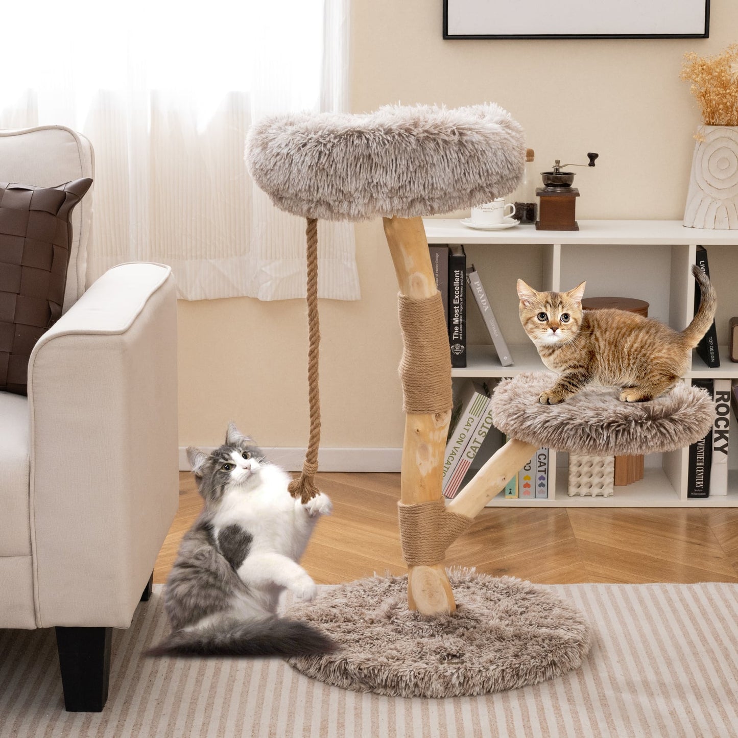 Modern Wooden Cat Tree Tower, Perch, Natural Jute Scratching Posts, Brown Cat Trees Condos & Scratchers at Gallery Canada