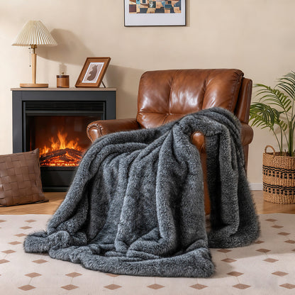 740GSM Soft Plush Fuzzy Luxury Faux Wolf Fur Blanket for Sofa-GR, Gray Bedding at Gallery Canada
