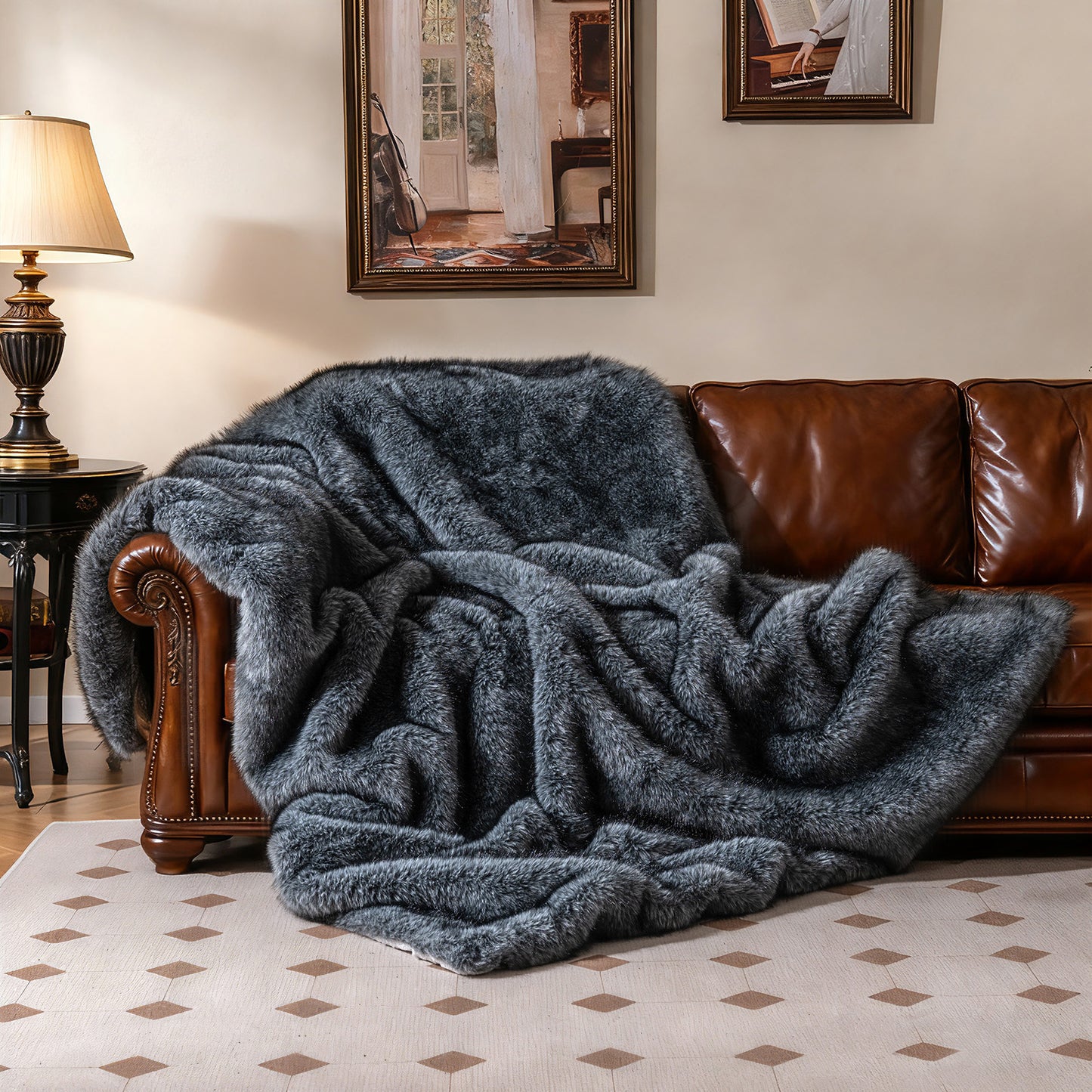 740GSM Soft Plush Fuzzy Luxury Faux Wolf Fur Blanket for Sofa-GR, Gray Bedding at Gallery Canada