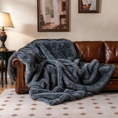 740GSM Soft Plush Fuzzy Luxury Faux Wolf Fur Blanket for Sofa-GR, Gray Bedding at Gallery Canada