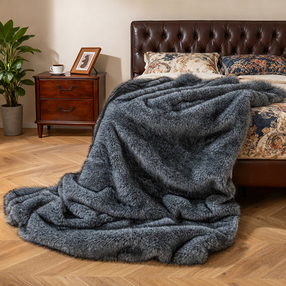 740GSM Soft Plush Fuzzy Luxury Faux Wolf Fur Blanket for Sofa-GR, Gray Bedding at Gallery Canada