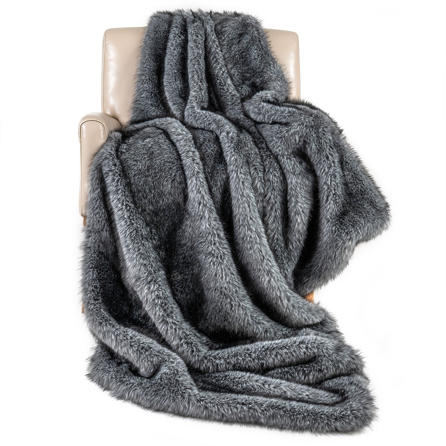 740GSM Soft Plush Fuzzy Luxury Faux Wolf Fur Blanket for Sofa-GR, Gray Bedding at Gallery Canada