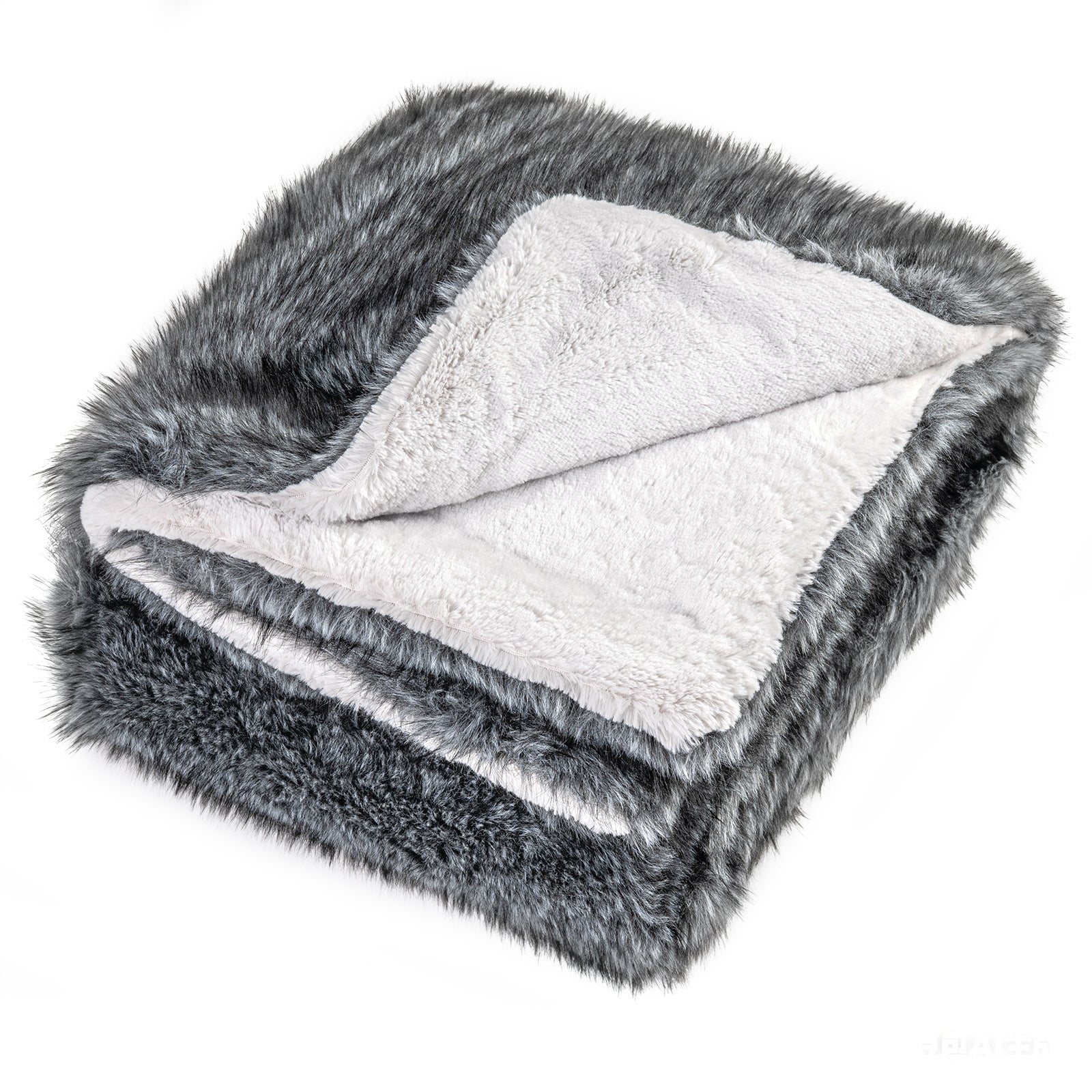 740GSM Soft Plush Fuzzy Luxury Faux Wolf Fur Blanket for Sofa-GR, Gray Bedding at Gallery Canada
