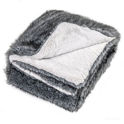 740GSM Soft Plush Fuzzy Luxury Faux Wolf Fur Blanket for Sofa-GR, Gray Bedding at Gallery Canada