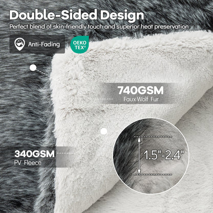 740GSM Soft Plush Fuzzy Luxury Faux Wolf Fur Blanket for Sofa-GR, Gray Bedding at Gallery Canada