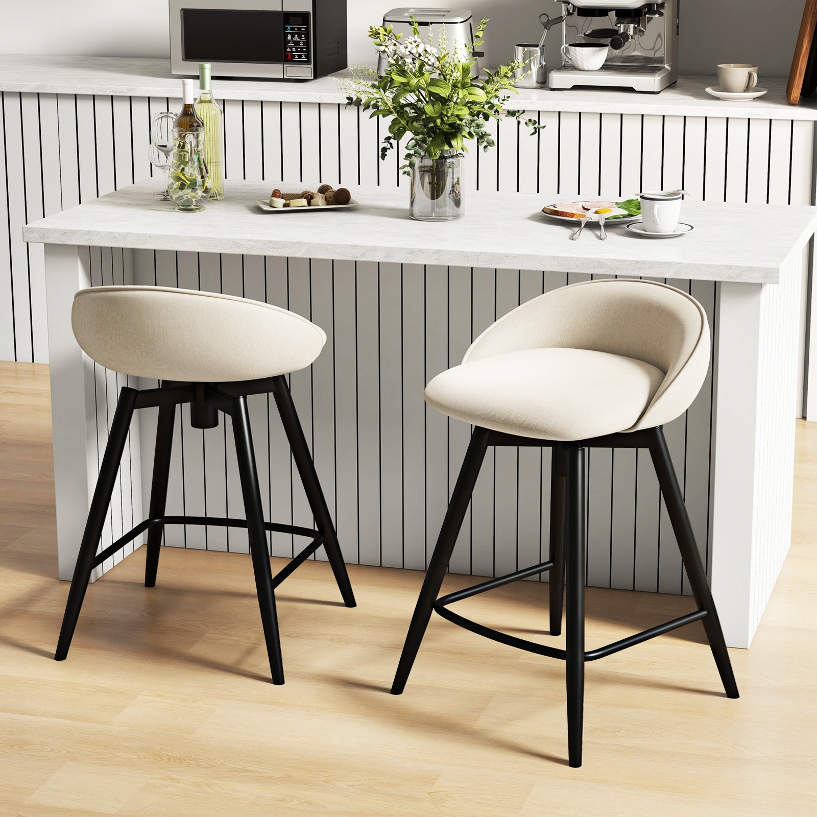 Upholstered Bar Stools Set of 2, Footrest and Backrest, Beige Bar Stools at Gallery Canada