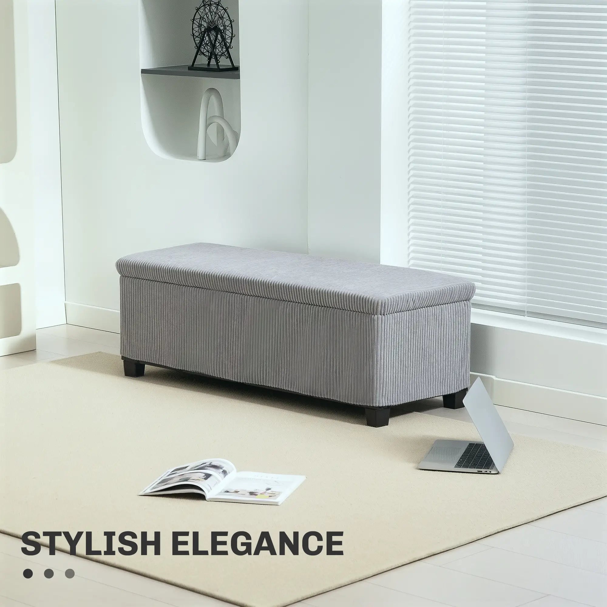 44 Inches Ottoman with Storage, Lid, Legs, Corduroy Bench, Light Grey Storage Ottomans & Benches at Gallery Canada