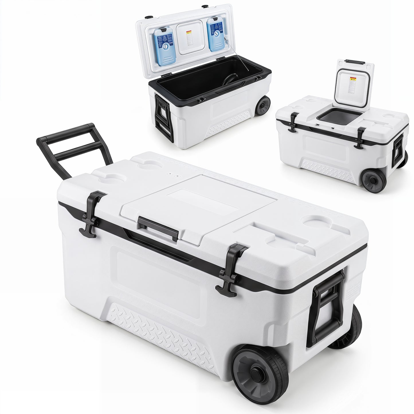 74 Quart Portable Rolling Cooler with Fish Ruler, White Coolers at Gallery Canada