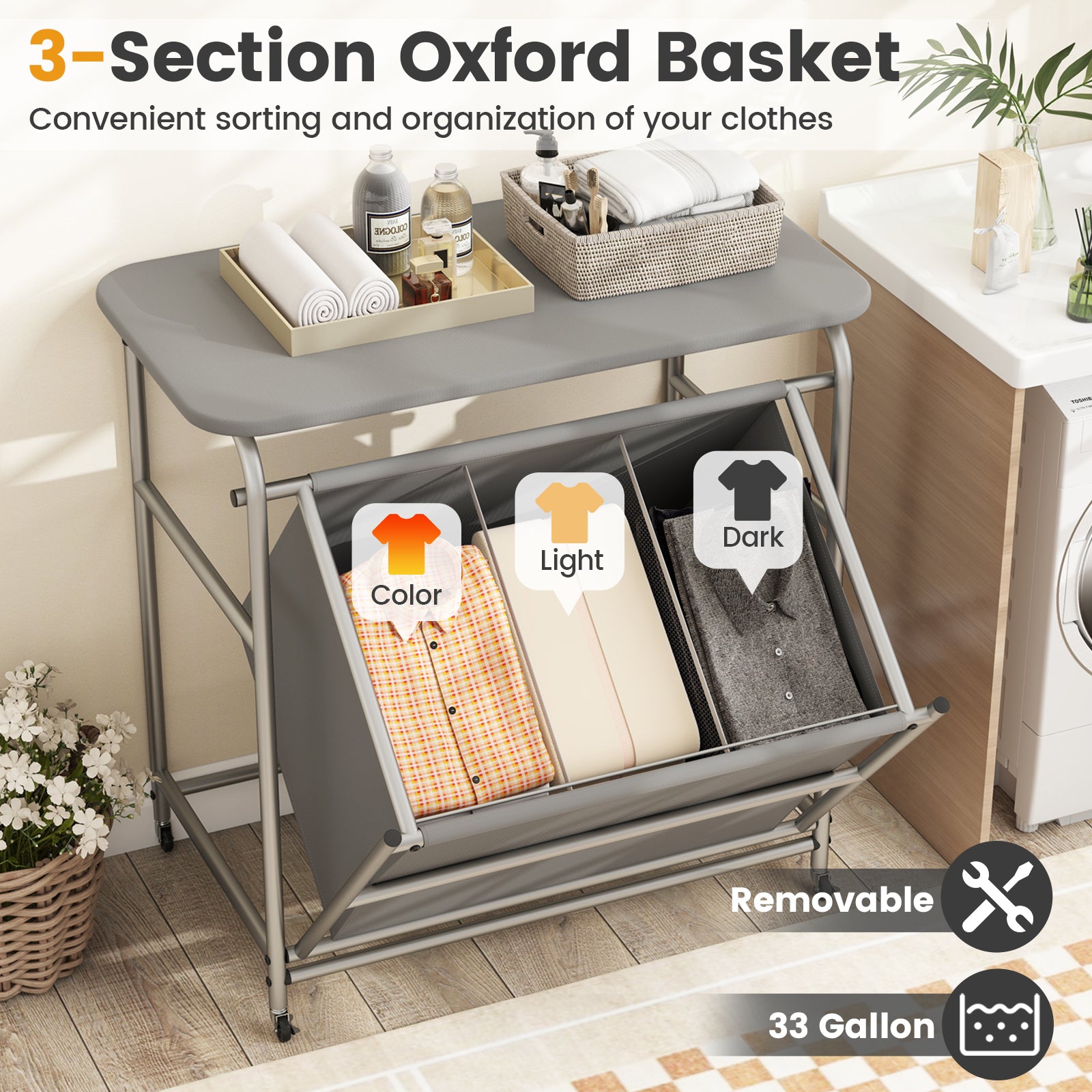3-Section Laundry Sorter, Foldable Ironing Board, Lockable Wheels, Gray Laundry Baskets at Gallery Canada