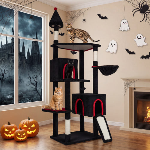 75 Inch Cat Tree, 2 Condos, Top Perch, Large Cats 20+ LBS, Black