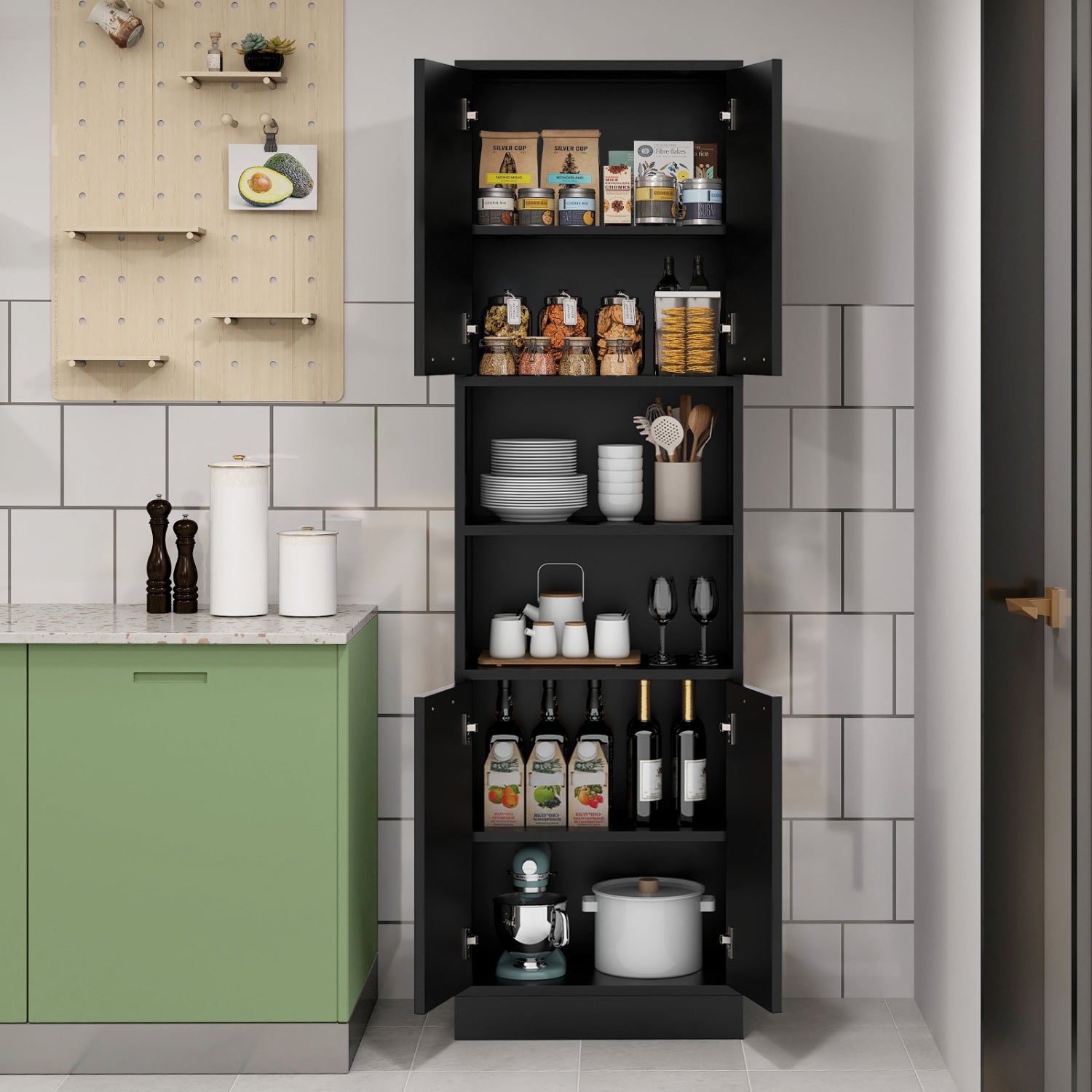 75 Inch Kitchen Pantry Cabinet, Tall Cupboard With Doors And Shelves, Black Sideboards Cabinets & Buffets at Gallery Canada