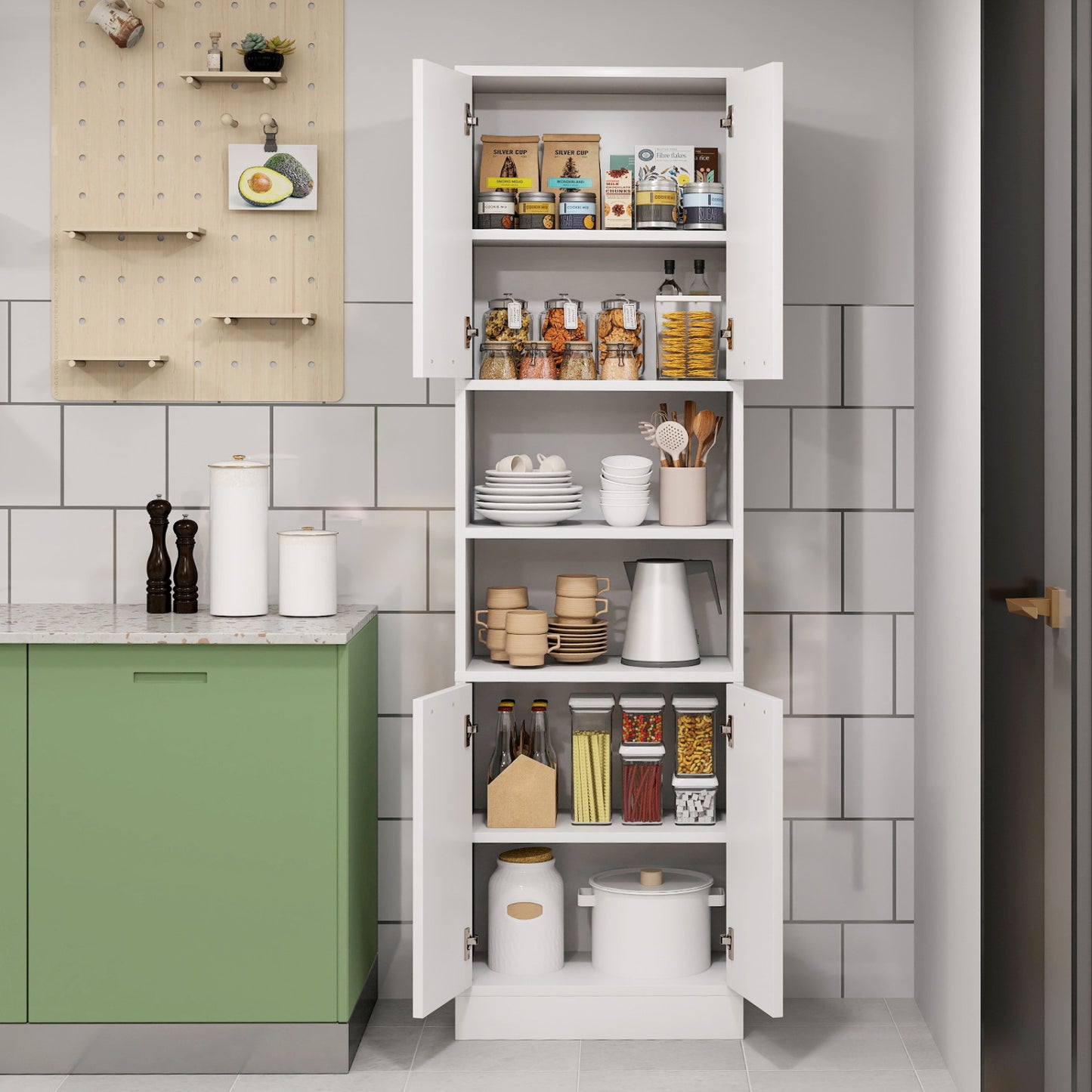 75 Inch Kitchen Pantry Cabinet, With Doors And Shelves, White Sideboards Cabinets & Buffets at Gallery Canada