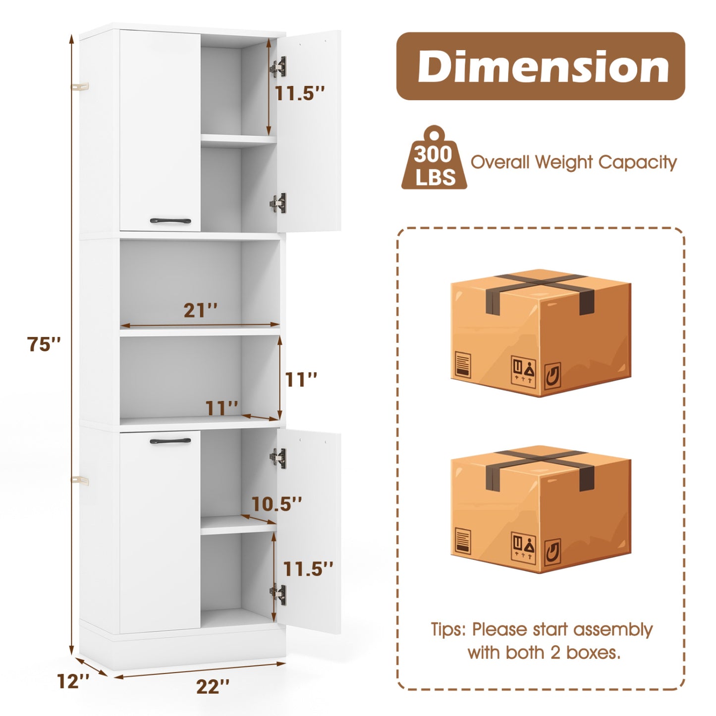 75 Inch Kitchen Pantry Cabinet, With Doors And Shelves, White Sideboards Cabinets & Buffets at Gallery Canada