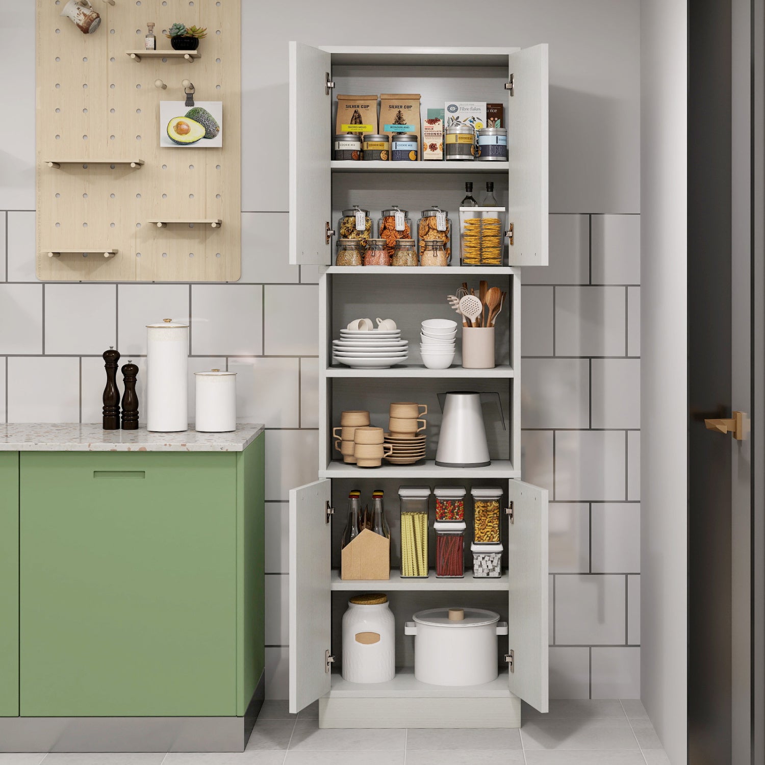 75 Inch Kitchen Pantry Cabinet, Oak, White Sideboards Cabinets & Buffets at Gallery Canada