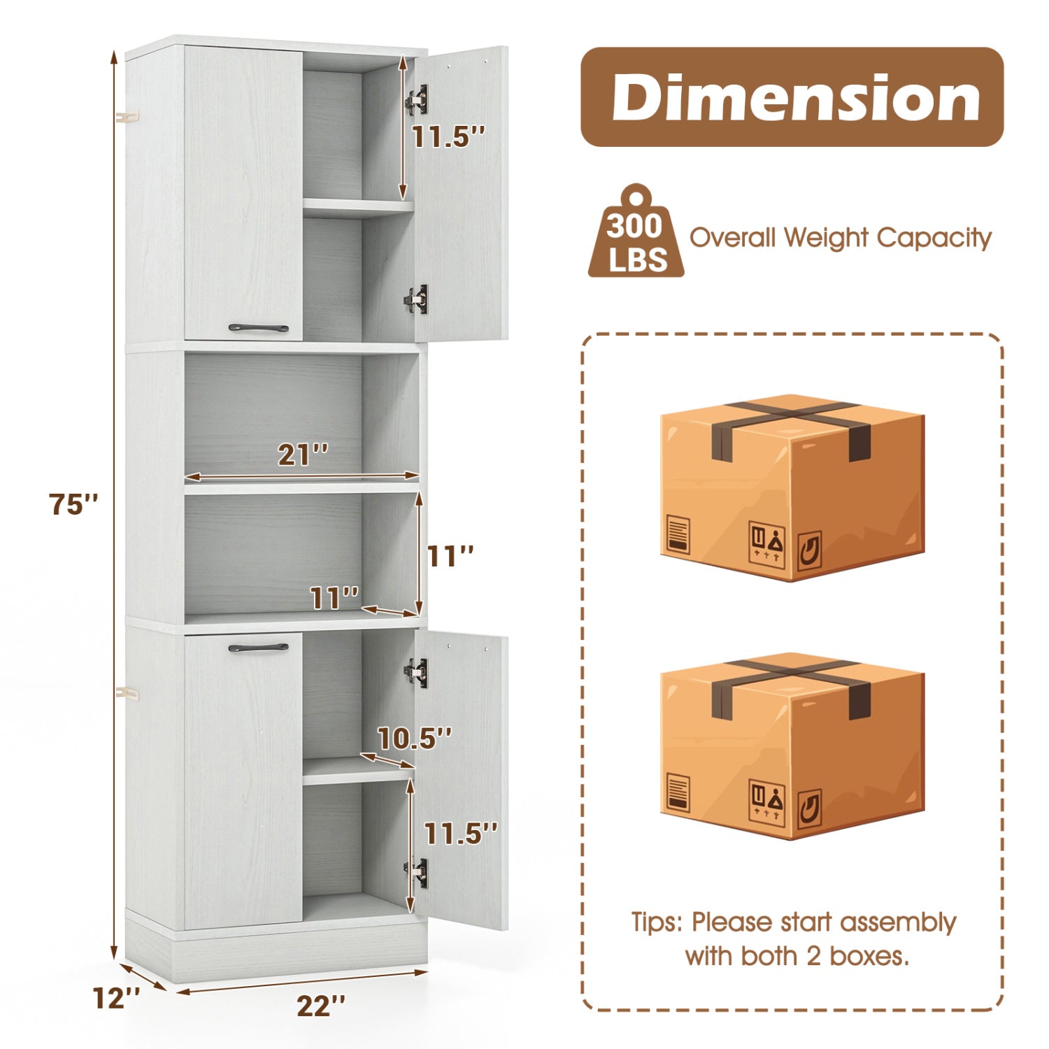 75 Inch Kitchen Pantry Cabinet, Oak, White Sideboards Cabinets & Buffets at Gallery Canada