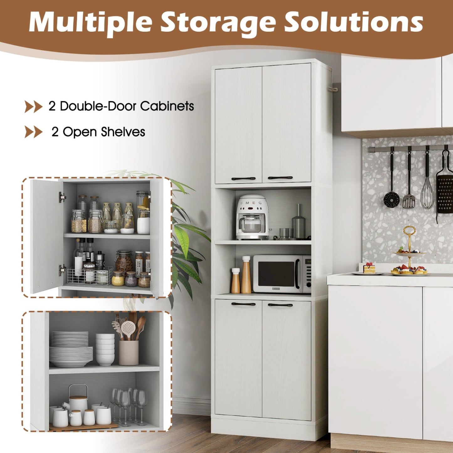 75 Inch Kitchen Pantry Cabinet, Oak, White Sideboards Cabinets & Buffets at Gallery Canada