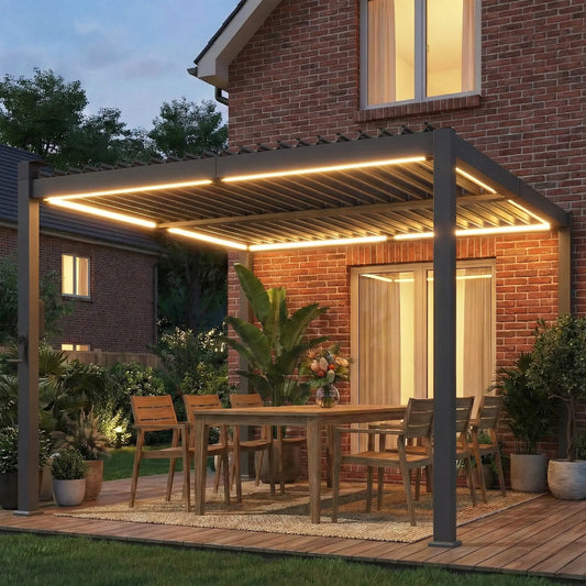 10 x 10 ft Louvered Pergola with Solar LED lights, Metal Roof, Outdoor Pergola Gazebo with Drainage Gutters, Black Pergolas Black at Gallery Canada