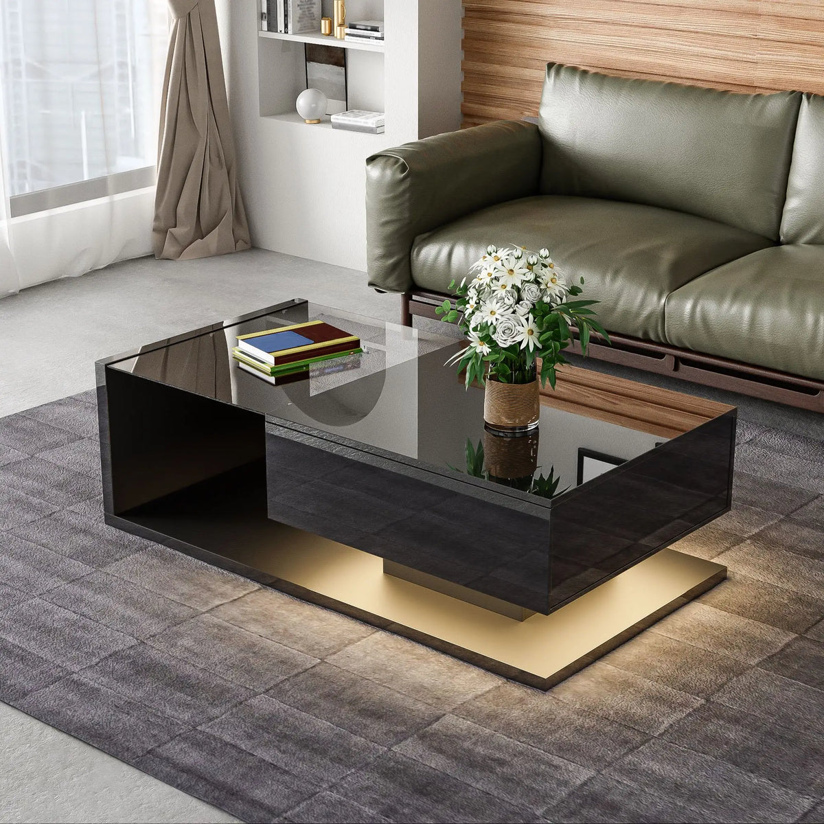 Coffee Table, Glass Top with LED, 41.5" L x 21.5" W x 12.5" H, Black Coffee Tables at Gallery Canada