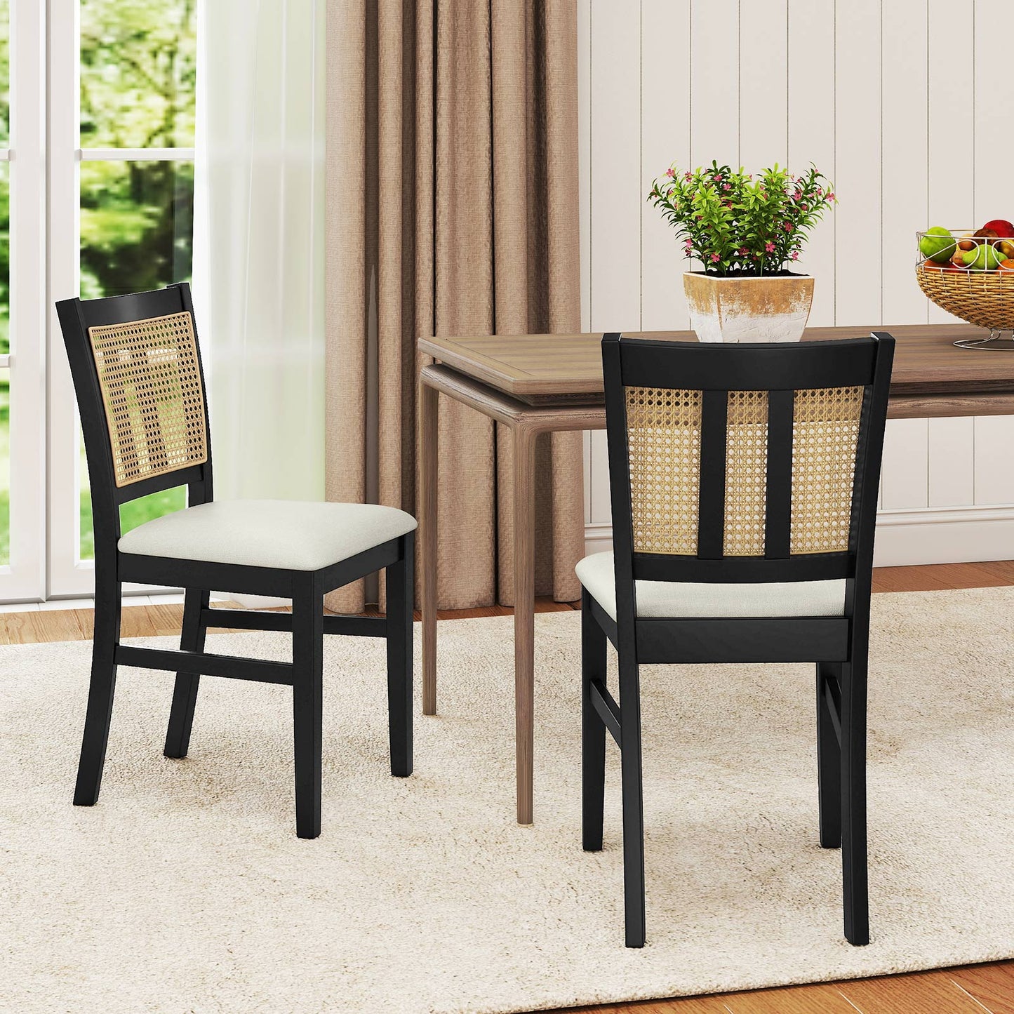 Farmhouse Rattan Dining Chair Set, 2 Pack, Rubber Wood Legs, Beige Dining Chairs at Gallery Canada