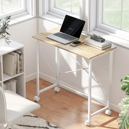 31.5" Folding Desk With Wheels, Home Office Desk, Natural Wood, Natural Wood Dumbbells & Barbells at Gallery Canada