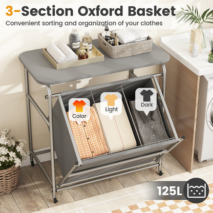 3-Section Laundry Sorter, Foldable Ironing Board, Lockable Wheels, Gray Laundry Baskets at Gallery Canada