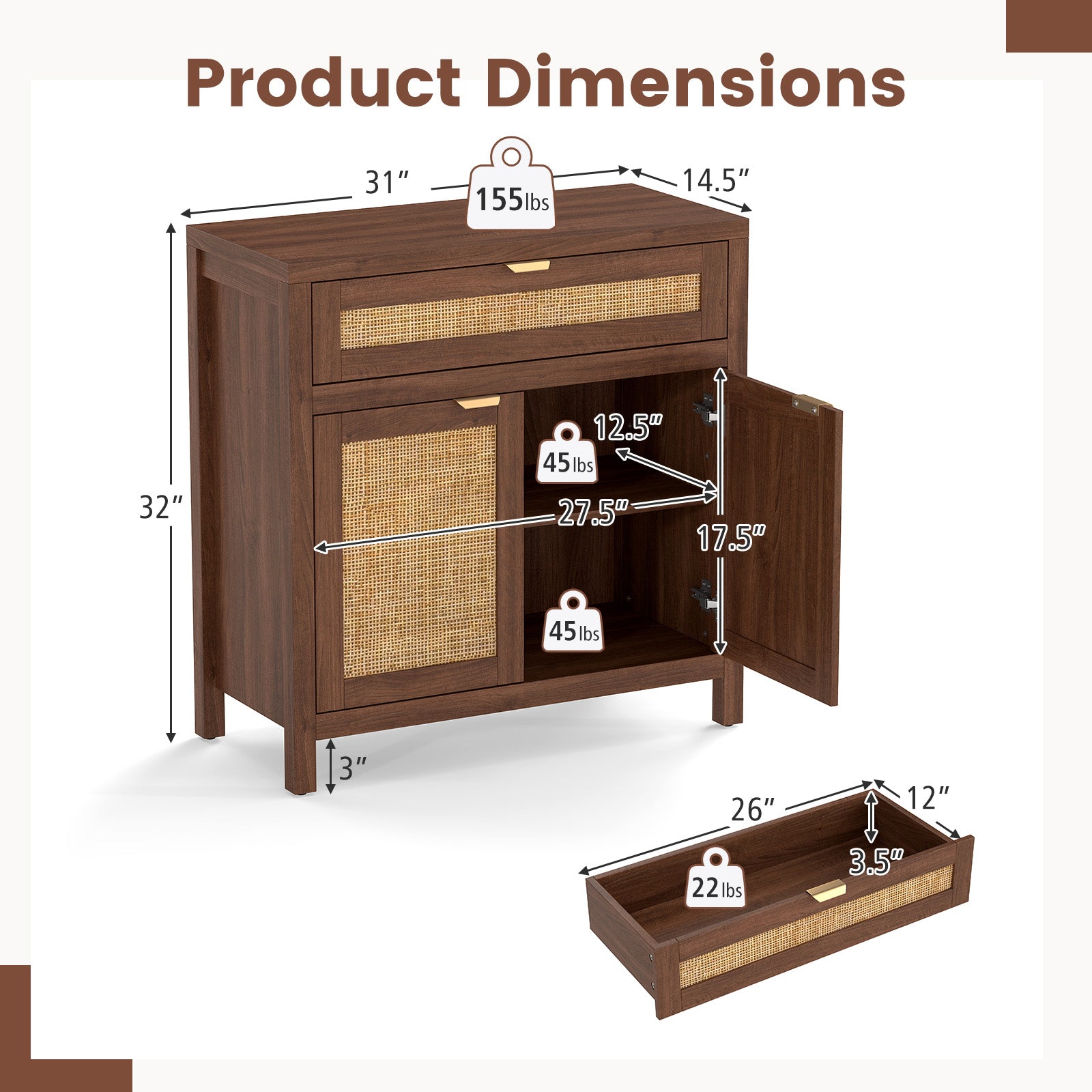 Sideboard Storage Cabinet, Rattan Doors And Drawer, Brown Sideboards Cabinets & Buffets at Gallery Canada