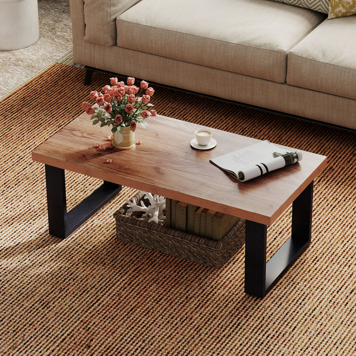 47 Inch Farmhouse Coffee Table, Thickened Tabletop, Natural Wood Texture, Oak Coffee Tables at Gallery Canada