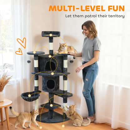 62" Cat Tree, Scratching Post, 2 Condos, Hammock, Perches, Dark Grey Multi-Level Cat Towers at Gallery Canada