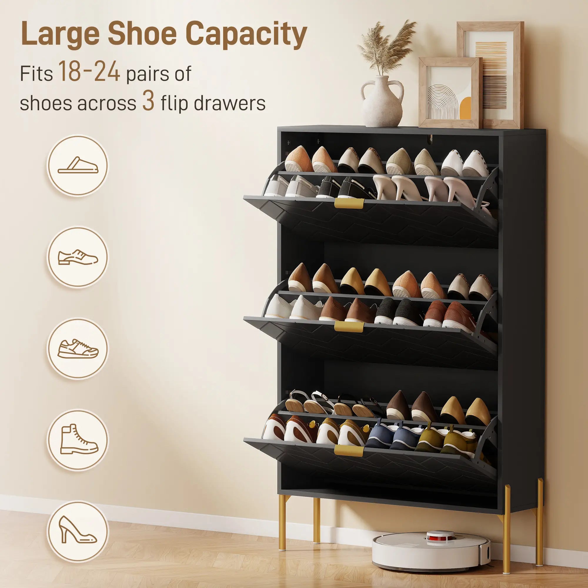 Shoe Cabinet, 3 Flip Drawers, Adjustable Shelves, Black Shoe Storage Cabinets & Racks at Gallery Canada