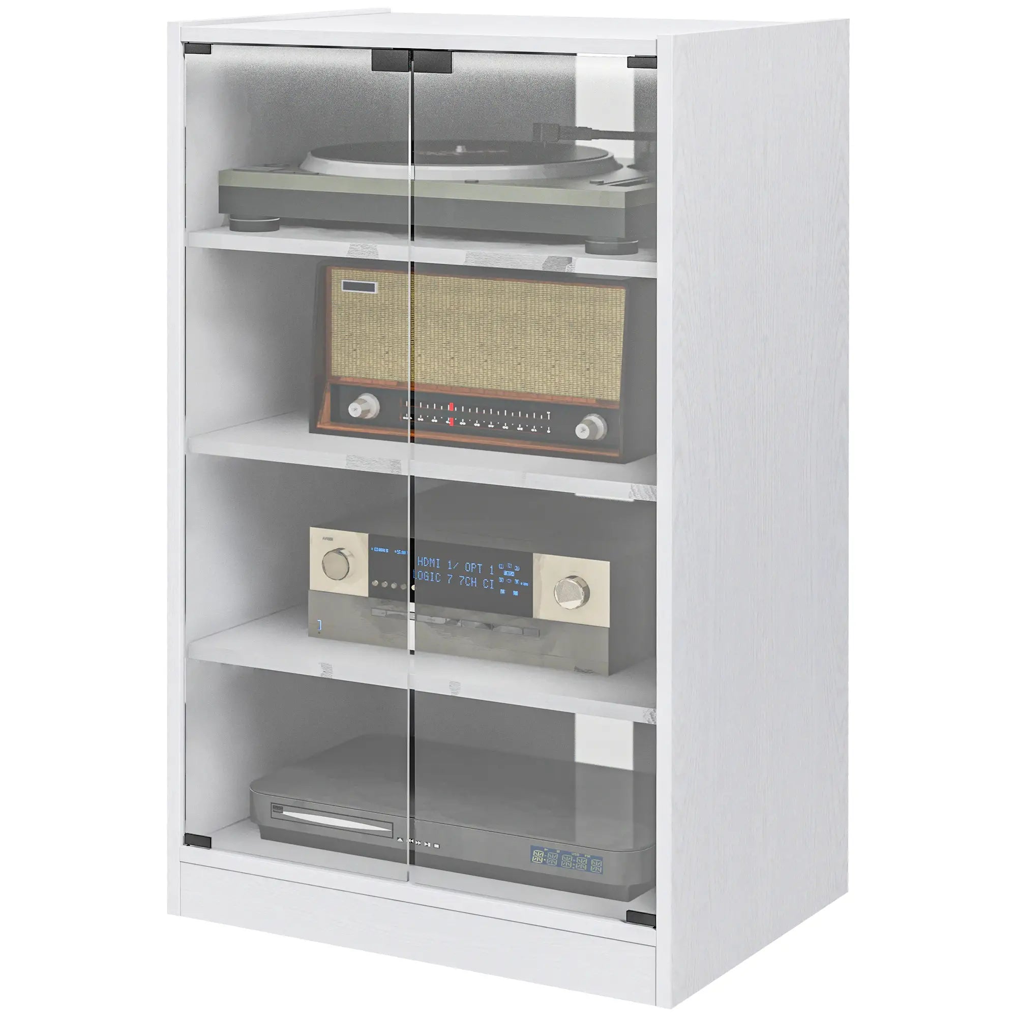 5-Tier Media Cabinet, Adjustable Shelves, Tempered Glass Doors, Distressed, White Storage Cabinets Distressed White at Gallery Canada