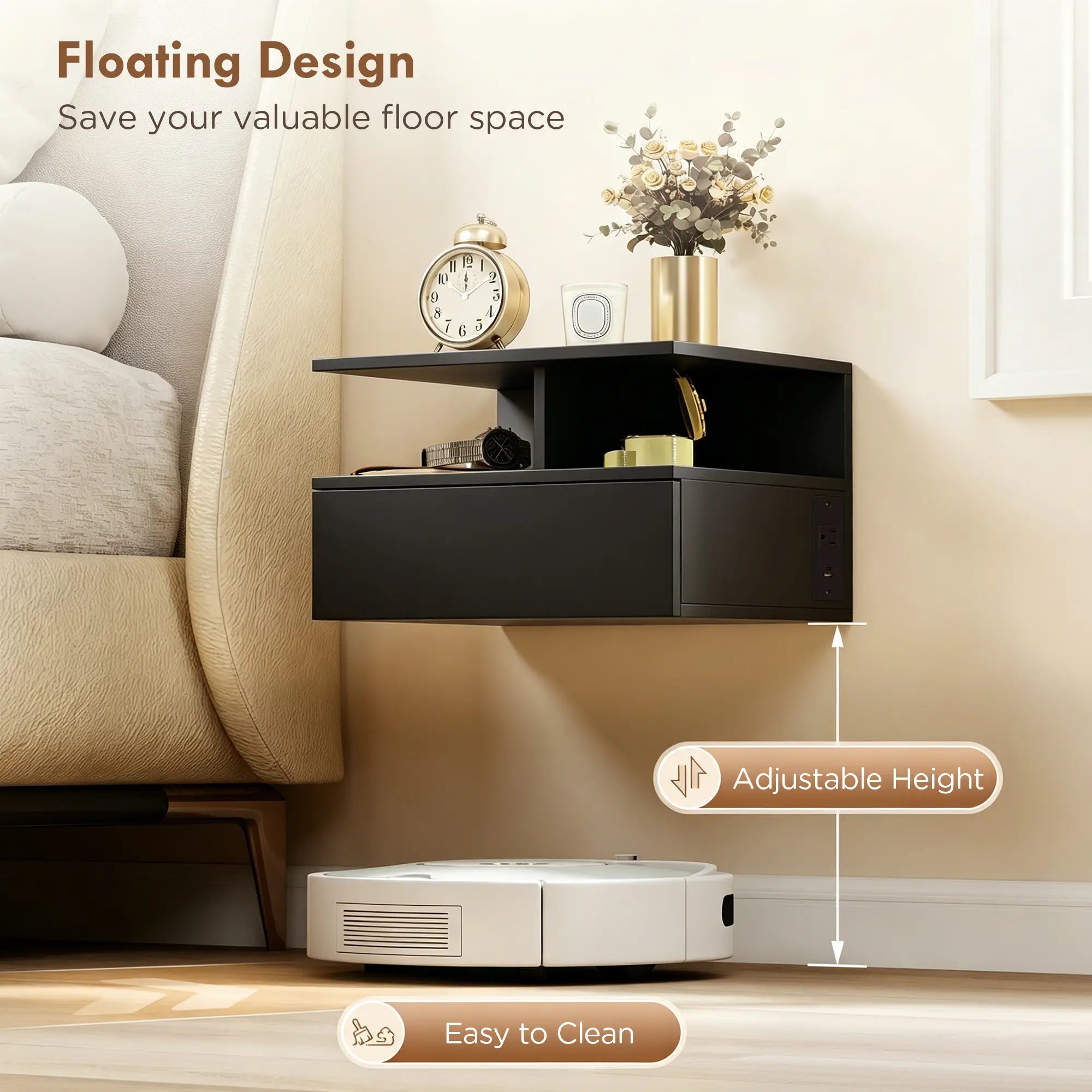 Floating Nightstand Set of 2, Wall Mounted Bedside Table with with Power Outlets, Drawer and Shelf, Black Bedside Tables at Gallery Canada