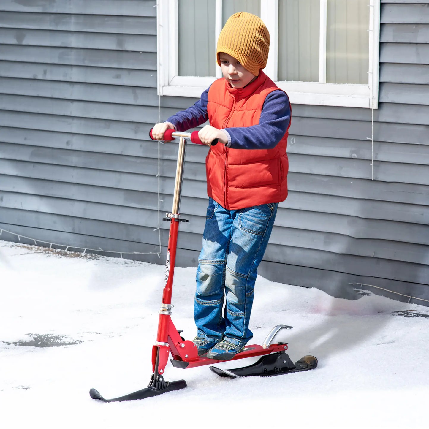 Snow Scooter, Adjustable Height, Kids Sled Ski Scooter with Wheels Blades, Red Scooters at Gallery Canada