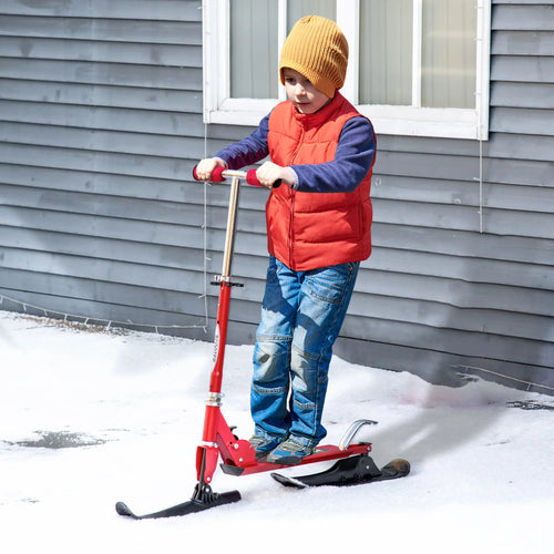 Snow Scooter, Adjustable Height, Kids Sled Ski Scooter with Wheels Blades, Red