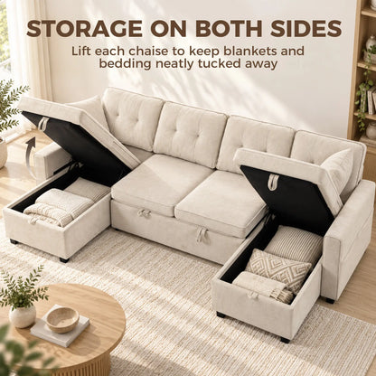 U Shaped Sectional Sofa Bed, 113" Pull Out Sleeper, Beige 3-Seater Sofas at Gallery Canada
