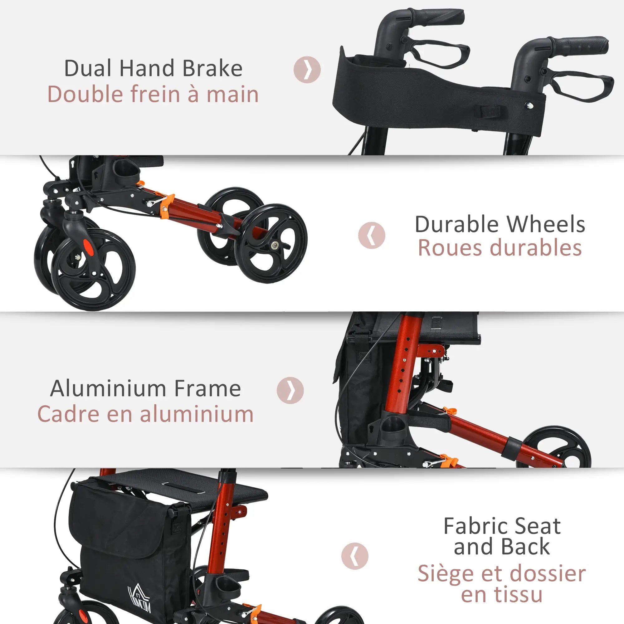 Senior Rollator with Seat, Back, Cane Holder, Adjustable Handle, Red Knee Walker & Wheelchair Ramps at Gallery Canada