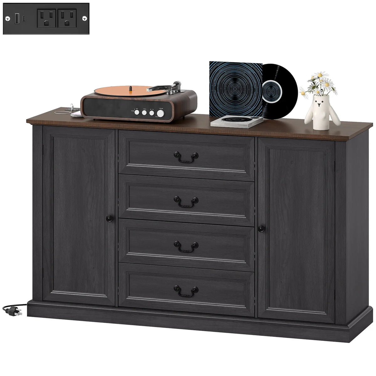 Farmhouse Sideboard with Charging Station, 58" Buffet Cabinet, Black Storage Cabinets Black Wood Grain, Brown Wood Grain at Gallery Canada