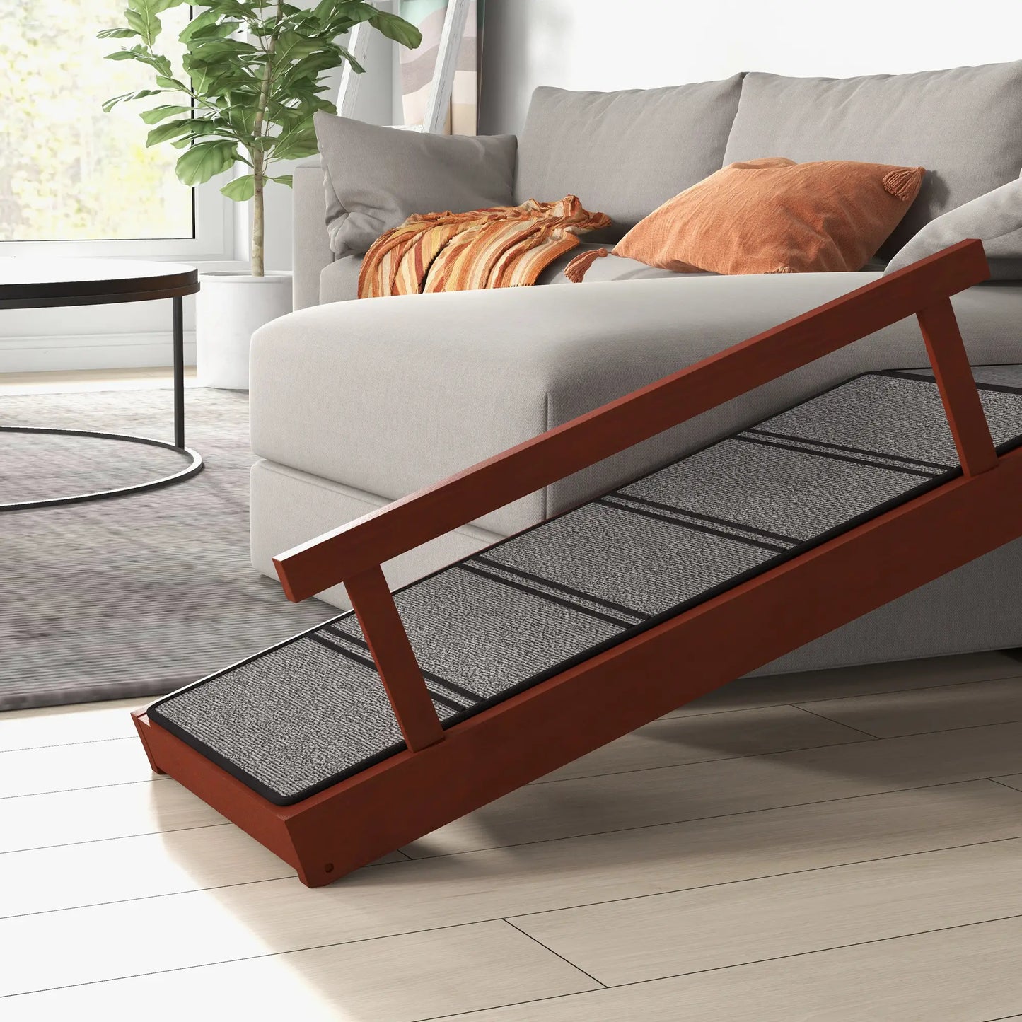 Wooden Dog Ramp, 49" Long, Non-Slip Rug, Removable Guardrails, Brown Dog Stairs at Gallery Canada